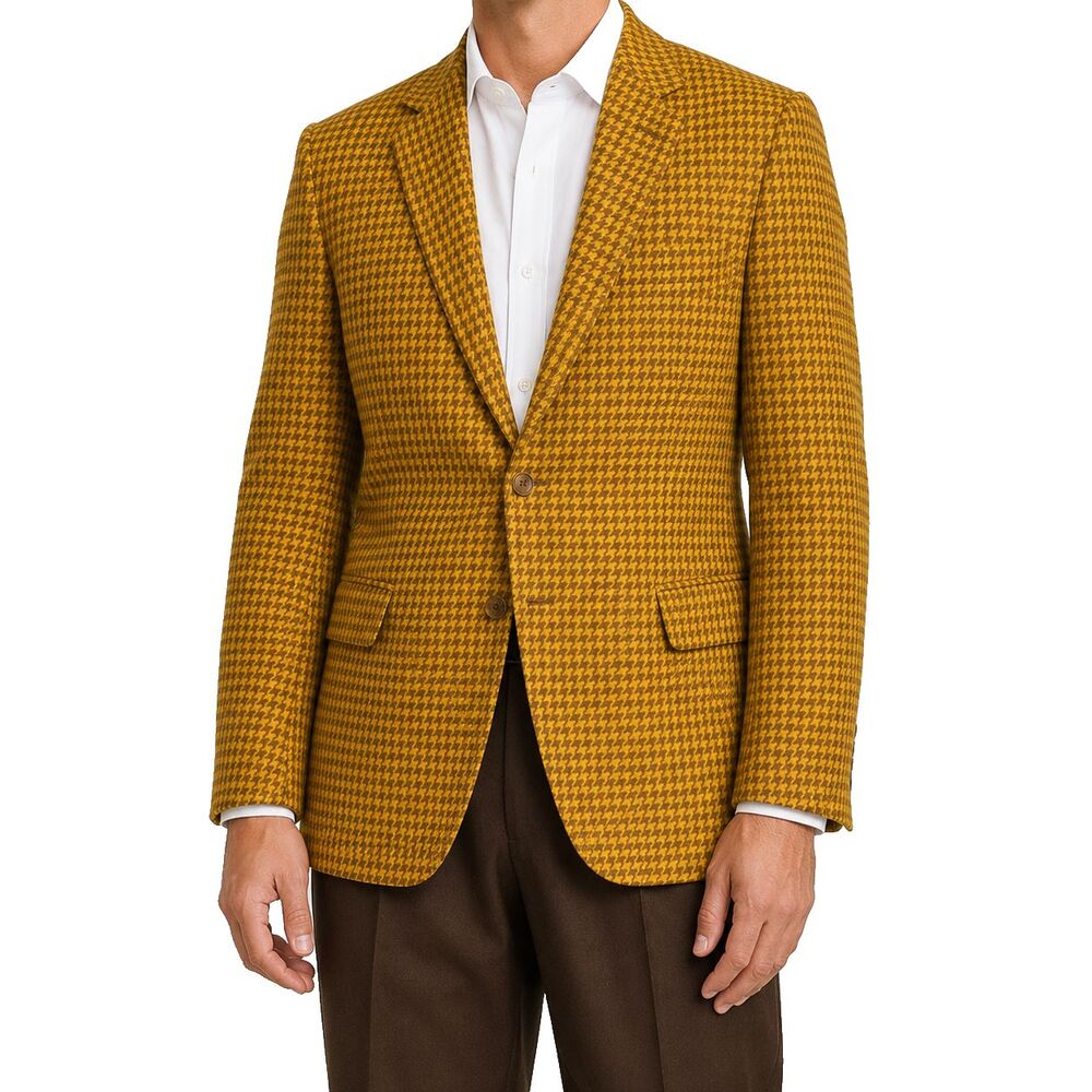 Mens Lambswool Blazer 44R Yellow Brown Houndstooth Sport Coat Jacket Wool Preppy